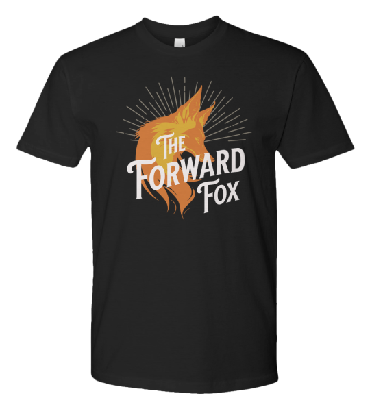 Black T-shirt with an orange fox and The Forward Fox lettering